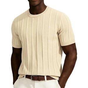 Men's Apricot Short Sleeve Crewneck Tee Shirt Ribbed Knit Tee Imported T-shirts